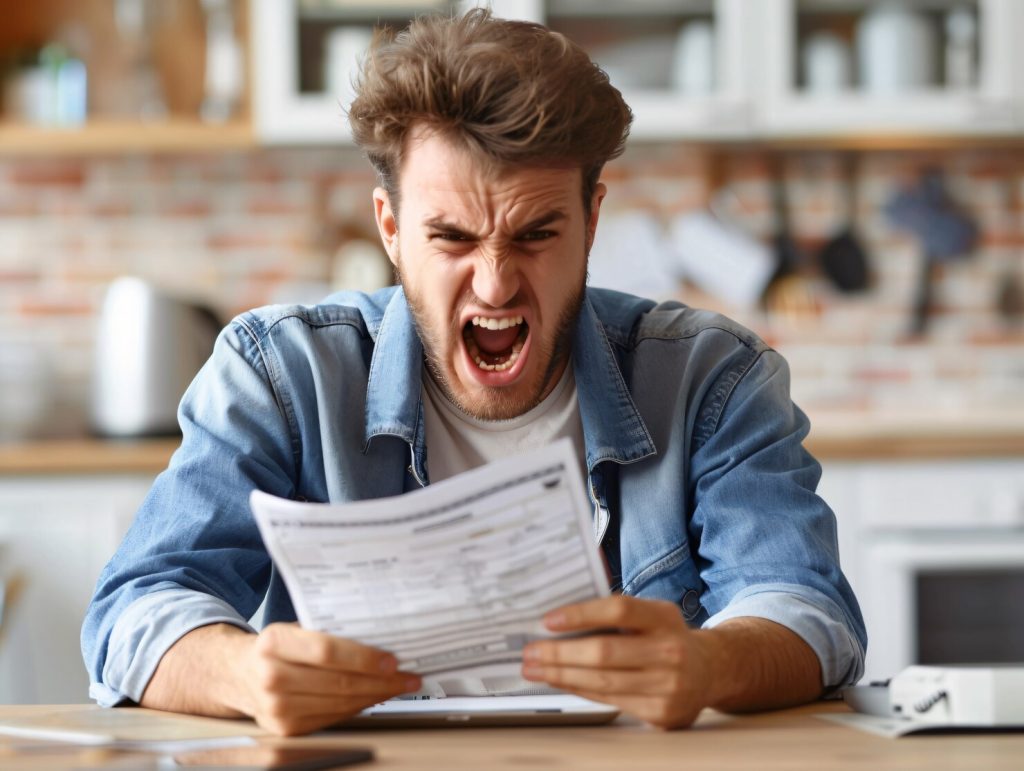 A person screaming at a paper Description automatically generated