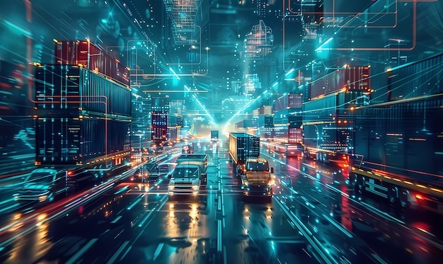 Logistics means of transport together with technological and futuristic holograms