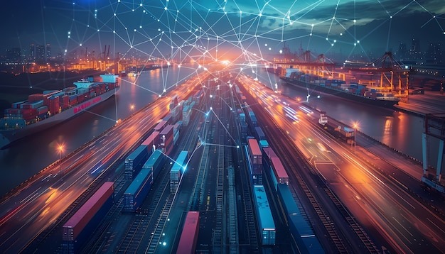 Logistics means of transport together with technological and futuristic holograms